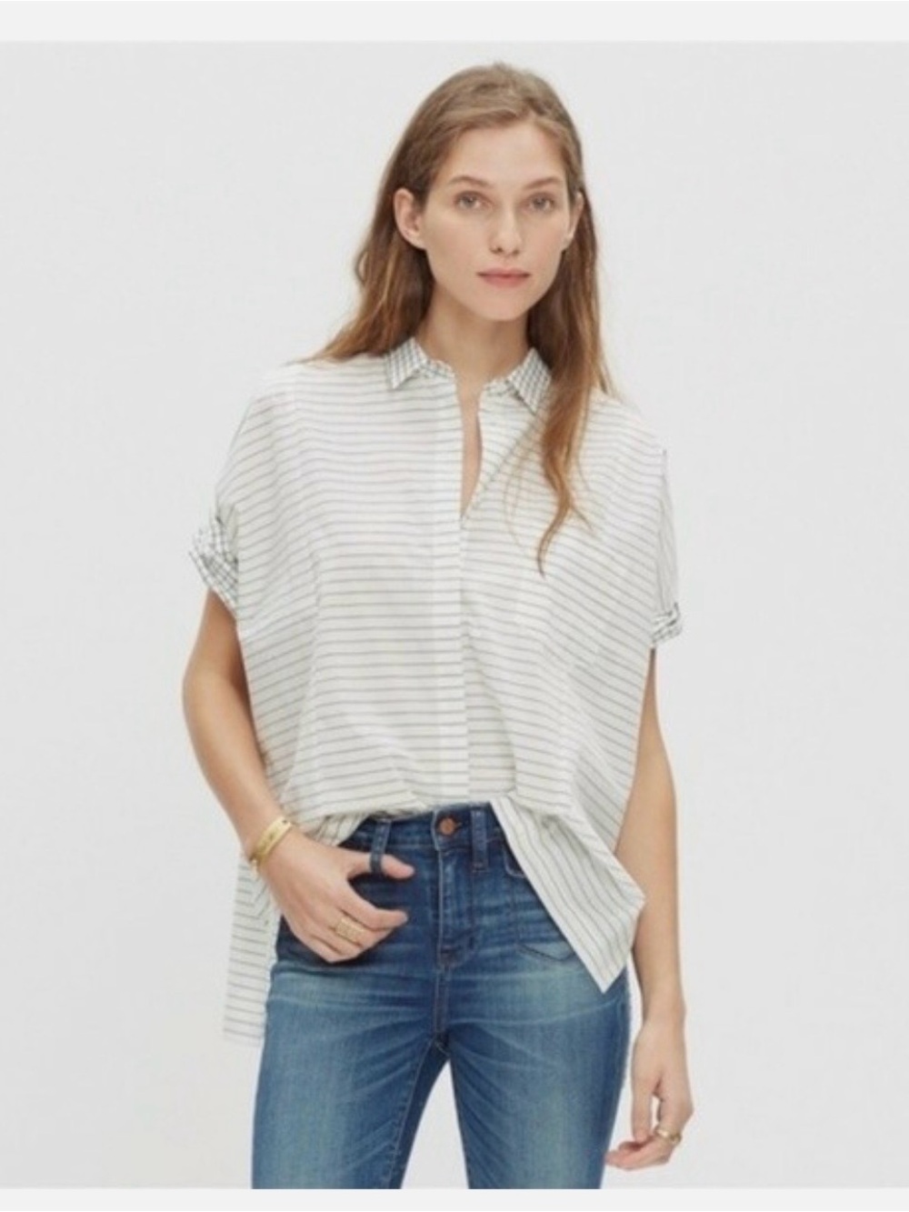 Madewell White Short-Sleeve Striped Oversized Button-Down Shirt